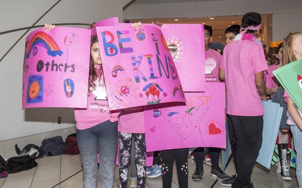 Pink Shirt Day Lift Each Other Up Kids with Signs