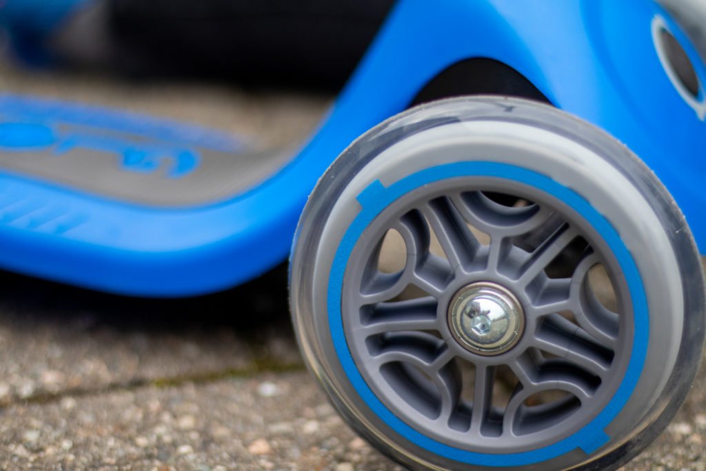 Up Close of Blue and Grey Globber Scooter Wheels